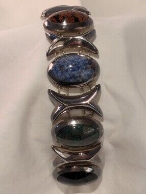 Vintage Taxco Sterling Silver Multi Gemstone Mexico Bracelet